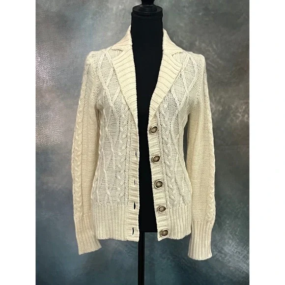 Banana Republic Womens Cream Cable Knit 100% Wool Button Shawl Collar Cardigan M - Picture 2 of 8